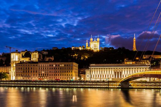 Panorama of Lyon at night. Lyon, Rhone-Alpes, France.