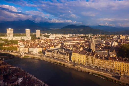 Grenoble architecture along Isere River. Grenoble, Auvergne-Rhone-Alpes, France.