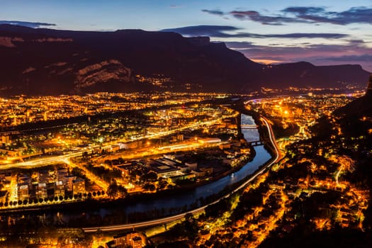 Grenoble architecture along Isere River. Grenoble, Auvergne-Rhone-Alpes, France.