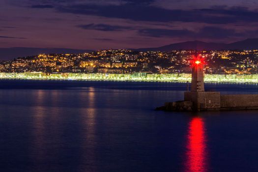 Nice Lighthouse and night. Nice, French Riviera, France.