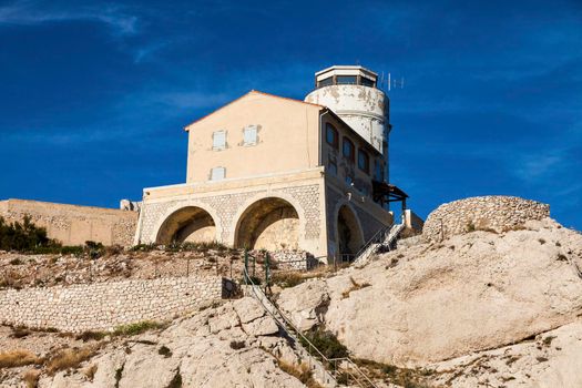 Tower on Frioul archipelago. Marseille, Provence-Alpes-Cote d'Azur, France.