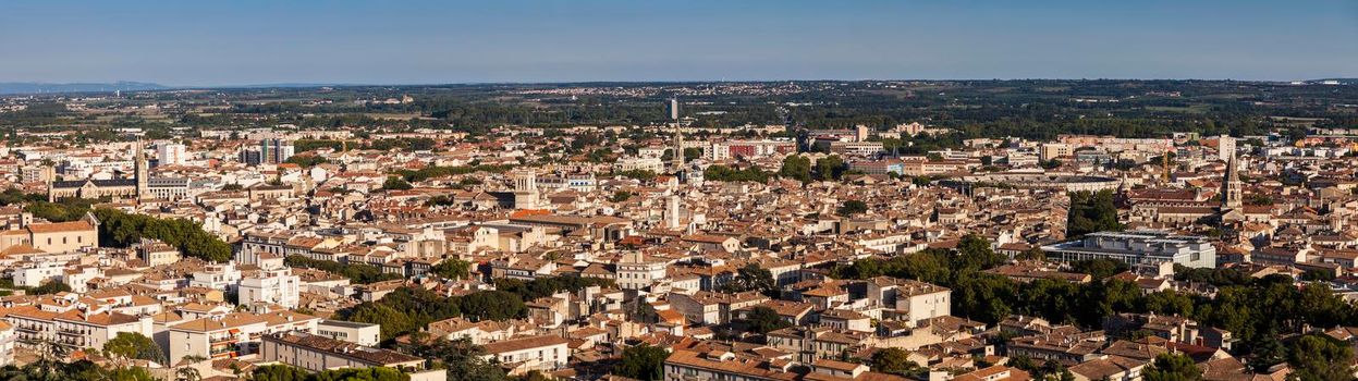 Aerial panorama of Nimes. Nimes, Occitanie, France.