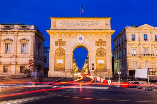 Porte du Peyrou - triumphal arch in Montpellier. Montpellier, Occitanie, France.