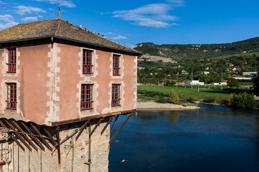 River house on river Tarn in Millau. Millau, Midi-Pyrenees, France.