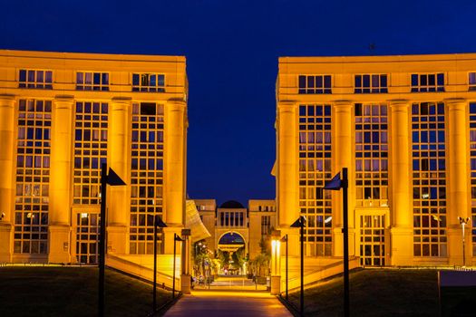 Montpellier architecture at night. Montpellier, Occitanie, France.