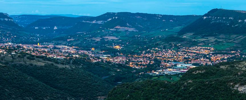 Millau panorama at evening. Millau, Occitanie, France.