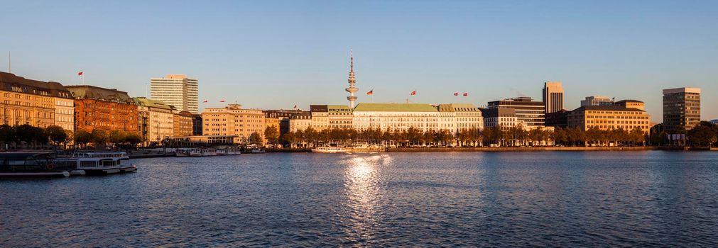 Architecutre by Binnenalster in Hamburg - panoramic view. Hamburg, Germany.