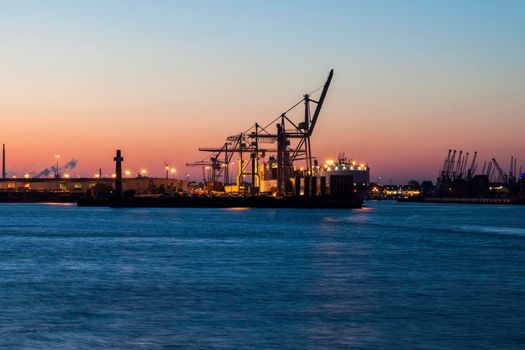 Port of Hamburg at sunset. Hamburg, Germany.