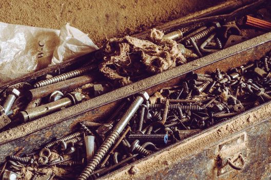 Box full of old screws and nuts in different conditions and sizes.