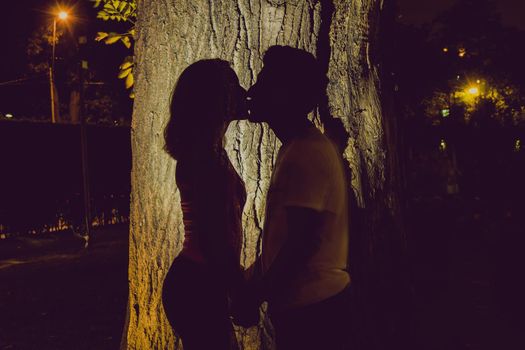 Shadow of a man and a woman kissing in the night of a park