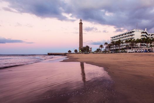 Maspalomas lighthouse at sunrise. Gran Canaria, Canary Islands, Spain.