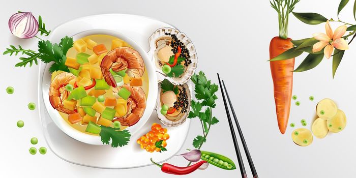 Classic Shrimp Soup and scallops with black caviar on a white background. Realistic style illustration.