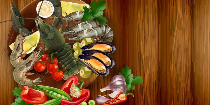 Lobster, king prawns, mussels and vegetables on a wooden table. Realistic style illustration.