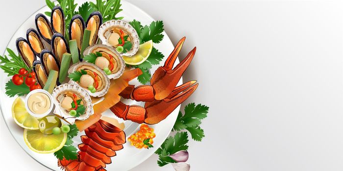 Mussels, scallops, lobster and red caviar on a white plate. Realistic style illustration.