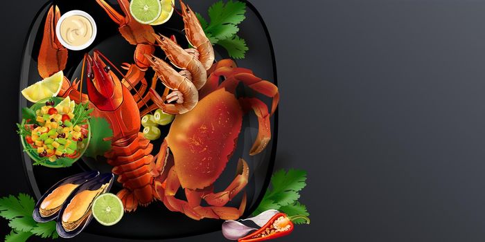 Lobster, crab, shrimps and mussels with salad on black background. Realistic style illustration.