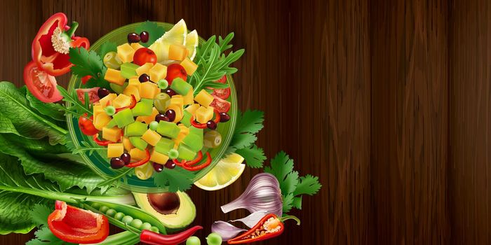 Mexican avocado salad and vegetables on a wooden table. Realistic style illustration.