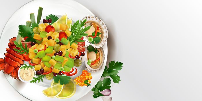 Vegetable salad with lobster and scallops on a white plate. Realistic style illustration.