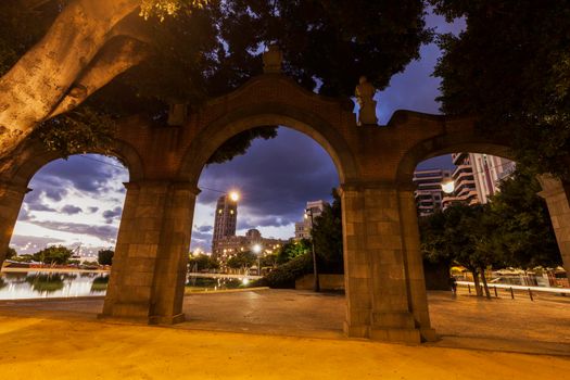 Panorama of Santa Cruz de Tenerife - gate in the park. Santa Cruz de Tenerife, Tenerife, Spain.