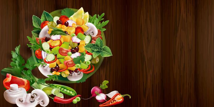 Plate with salad of champignons and vegetables on a wooden table. Realistic style illustration.