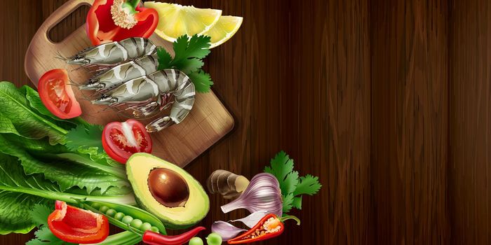Shrimp and vegetables for cooking salad on a wooden table. Realistic style illustration.