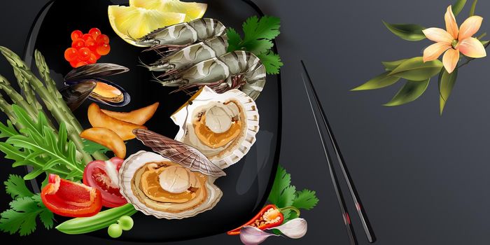 King prawns, scallops and mussels with vegetables, served in Japanese style. Realistic style illustration.