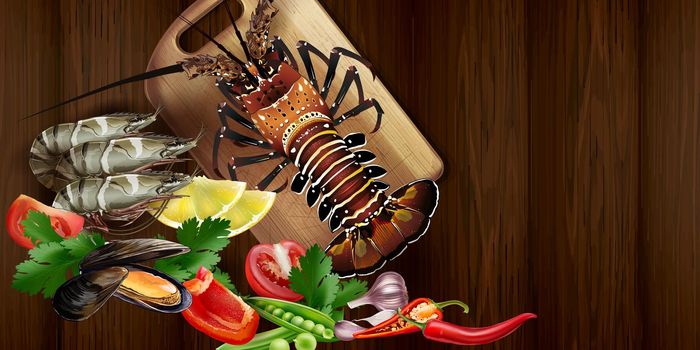 Seafood with lobster and vegetables on the kitchen table. Realistic style illustration.