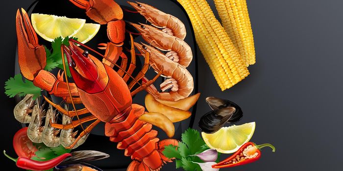 Lobster, shrimps and mussels with corn cobs on black background. Realistic style illustration.