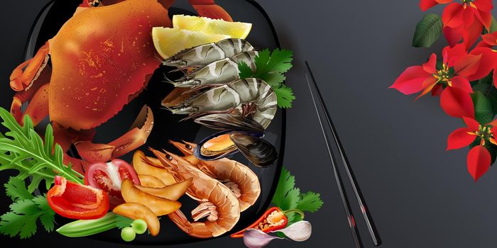 Crab, king prawns, shrimp and mussels with vegetables, served in Japanese style. Realistic style illustration.