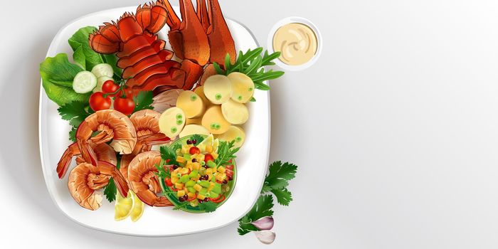 Lobster and shrimps with potatoes and vegetable salad on a white plate. Realistic style illustration.