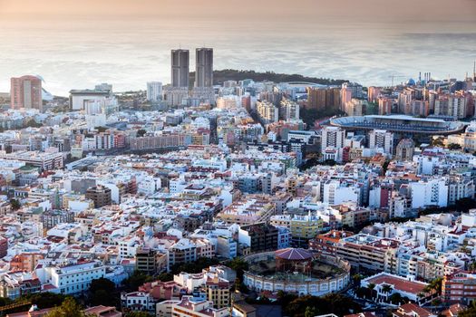 Panorama of Santa Cruz de Tenerife at sunrise. Santa Cruz de Tenerife, Tenerife, Spain.