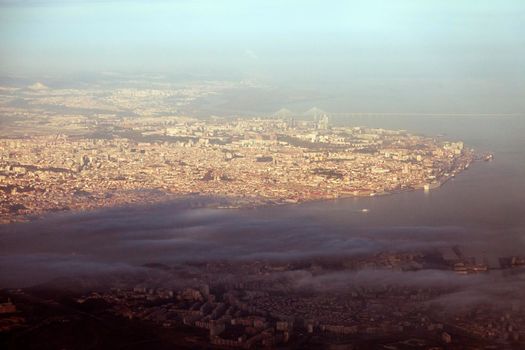 Lisbon - aerial view of the city at sunset. Lisbon, Portugal.