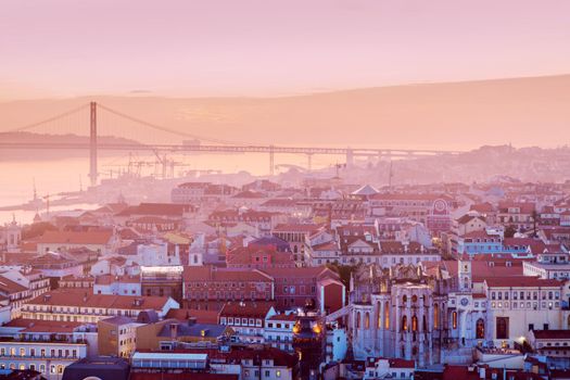 25th of April Bridge and city panorama of Lisbon . Lisbon, Portugal.