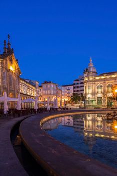 Arcada on Plaza de la Republica in Braga at dawn. Braga, Norte Region, Portugal.