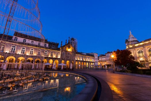 Arcada on Plaza de la Republica in Braga at dawn. Braga, Norte Region, Portugal.
