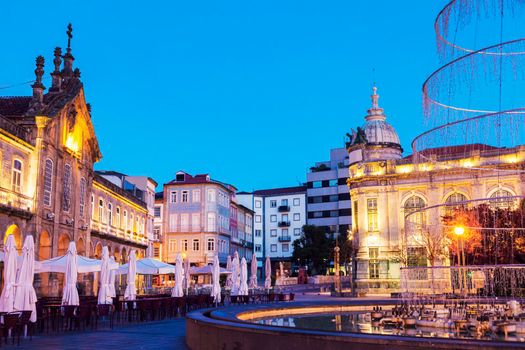 Arcada on Plaza de la Republica in Braga at dawn. Braga, Norte Region, Portugal.