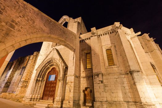Carmo Convent in Lisbon seen at night. Lisbon, Portugal.