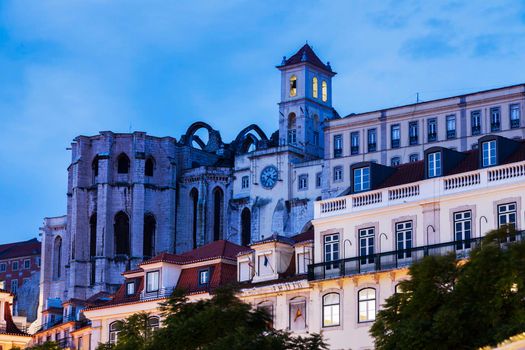 Carmo Convent in Lisbon seen at night. Lisbon, Portugal.
