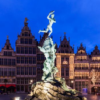Brabo Fountain on Grote Markt in Antwerp. Antwerp,  Flemish Region, Belgium.
