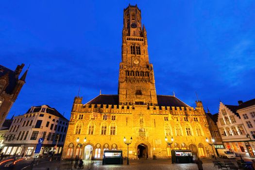 Belfry of Bruges at night. Bruges, Flemish Region, Belgium.