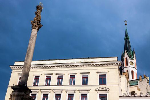 Plague column in Cesky Krumlov. Cesky Krumlov, South Bohemia, Czech Republic.