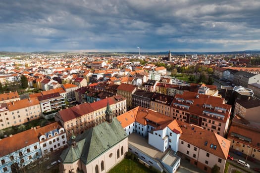 Panorama of Ceske Budejovice at sunset. Ceske Budejovice, South Bohemia, Czech Republic.
