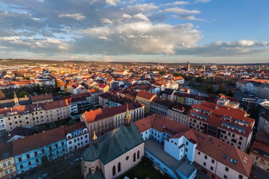 Ceske Budejovice at sunset - aerial photo. Ceske Budejovice, South Bohemia, Czech Republic.