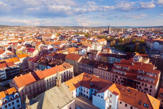Panorama of Ceske Budejovice at sunset. Ceske Budejovice, South Bohemia, Czech Republic.