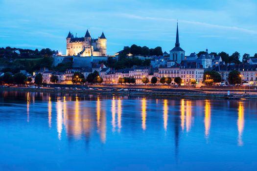 Panorama of Saumur at night. Saumur, Pays de la Loire, France