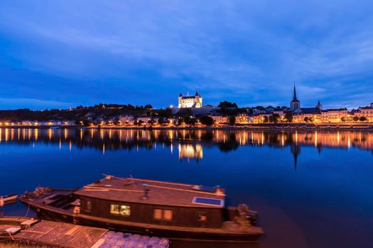 Panorama of Saumur at night. Saumur, Pays de la Loire, France