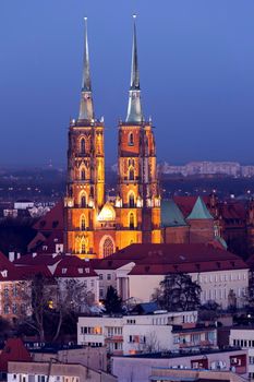 Wroclaw Cathedral at night. Wroclaw, Lower Silesian, Poland.