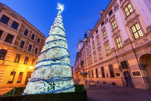 Christmas tree on University Square in Wrocław at night. Wroclaw, Lower Silesian, Poland.