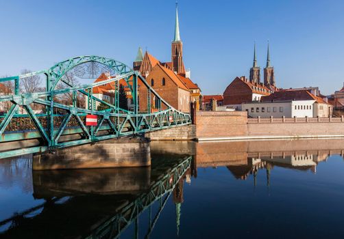 Tumski Bridge and Wroclaw Collegiate Church   Wroclaw, Lower Silesian, Poland.