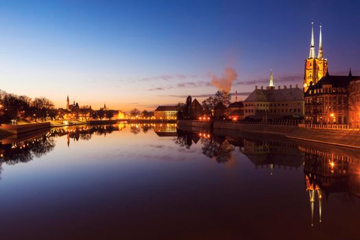 Wroclaw Cathedral and city panorama at night. Wroclaw, Lower Silesian, Poland.