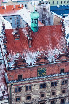 Old Town Hall on Republic Square in Pilsen - aerial view. Pilsen, Bohemia, Czech Republic.